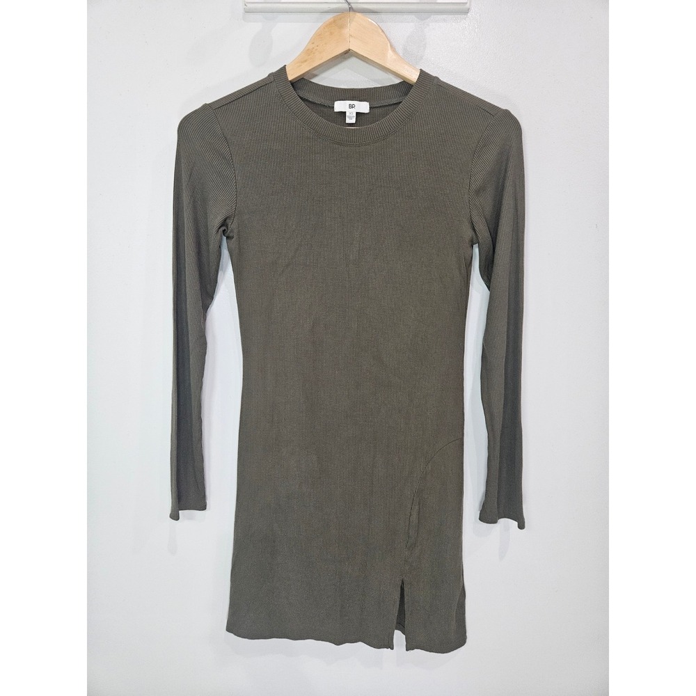BP. Womens Ribbed Long Sleeve Tunic Shirt Olive Green Crew Neck Side Slit XS